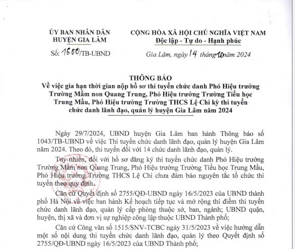 Thông báo về việc gia hạn nộp hồ sơ thi tuyển chức danh Phó Hiệu trưởng Trường Mầm non Quang Trung, Phó Hiệu trưởng trường Tiểu học Trung Mầu, Phó...